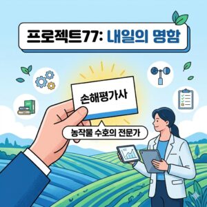 프로젝트77 내일의 명함 손해평가사 자격증 가이드 블로그 썸네일 이미지. 푸른 농장을 배경으로 태블릿을 들고 있는 공정한 손해평가사 전문가의 모습.
