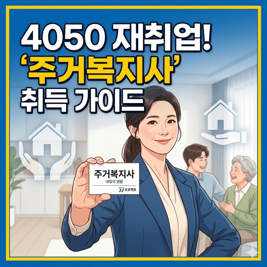 푸른색 정장을 입은 여성이 '주거복지사, 내일의 명함, 77프로젝트'라고 적힌 명함을 들어 보이며 미소 짓고 있다. 상단에는 '4050 재취업! 주거복지사 취득 가이드'라는 노란색과 흰색 글씨가 크게 적혀 있고, 배경에는 집 모양 아이콘과 행복해 보이는 가족 및 노인의 모습이 일러스트로 표현되어 있다. 전체적으로 노란색과 파란색 테두리로 마감된 블로그 썸네일 이미지.