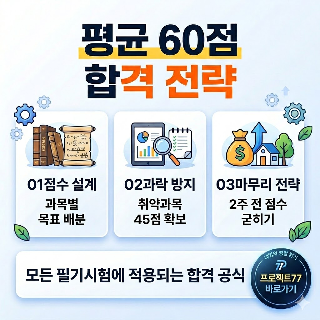 '프로젝트77: 내일의 명함' 블로그의 평균 60점 필기시험 합격 전략 정사각형 썸네일. 상단에 '평균 60점 합격 전략' 헤드라인이 강조되어 있고, 중앙에는 '01 점수 설계: 과목별 목표 배분', '02 과락 방지: 취약과목 45점 확보', '03 마무리 전략: 2주 전 점수 굳히기'라고 적힌 3단 카드가 배치되어 있습니다. 하단에는 '모든 필기시험에 적용되는 합격 공식'이라는 안내 배너와 함께 우측 하단에 '프로젝트77 바로가기' CTA 버튼이 포함된 깔끔한 일러스트 이미지입니다.