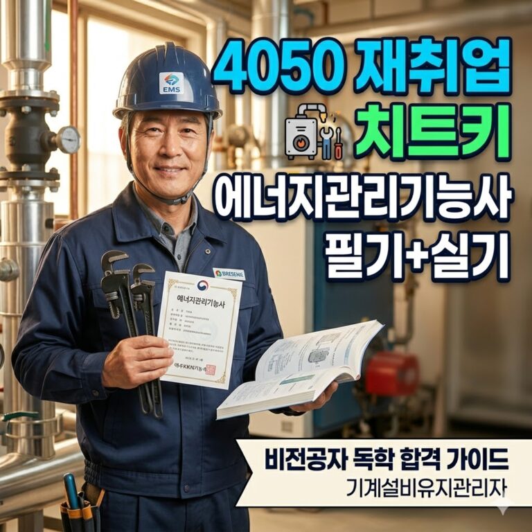 안전모와 작업복을 착용한 40대 50대 남성이 에너지관리기능사 자격증과 배관 도면 책자를 들고 환하게 웃고 있는 모습. 우측에는 4050 재취업 치트키 에너지관리기능사 필기 실기 비전공자 독학 합격 가이드 글자가 선명하게 적혀 있다.