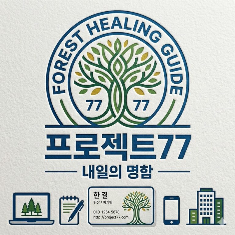 프로젝트77 내일의 명함 로고와 산림치유지도사 테마의 포스터 이미지. 중앙에 나무 로고와 함께 '한결 팀장'의 명함 디자인이 포함된 정사각형 그래픽.