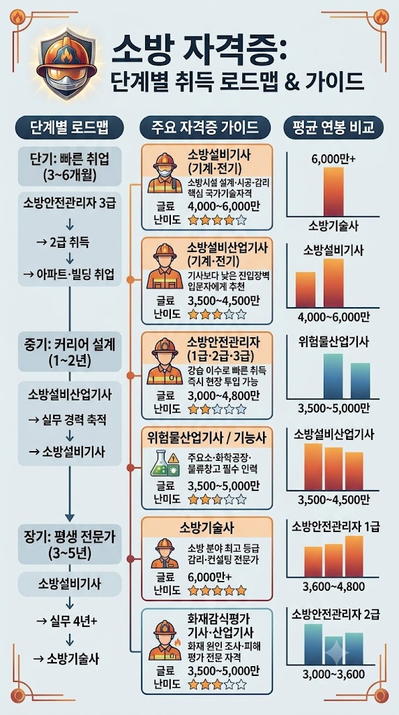 소방설비기사, 소방안전관리자, 소방기술사 등 주요 소방 자격증의 특징과 연봉, 난이도를 정리한 단계별 취득 로드맵 인포그래픽