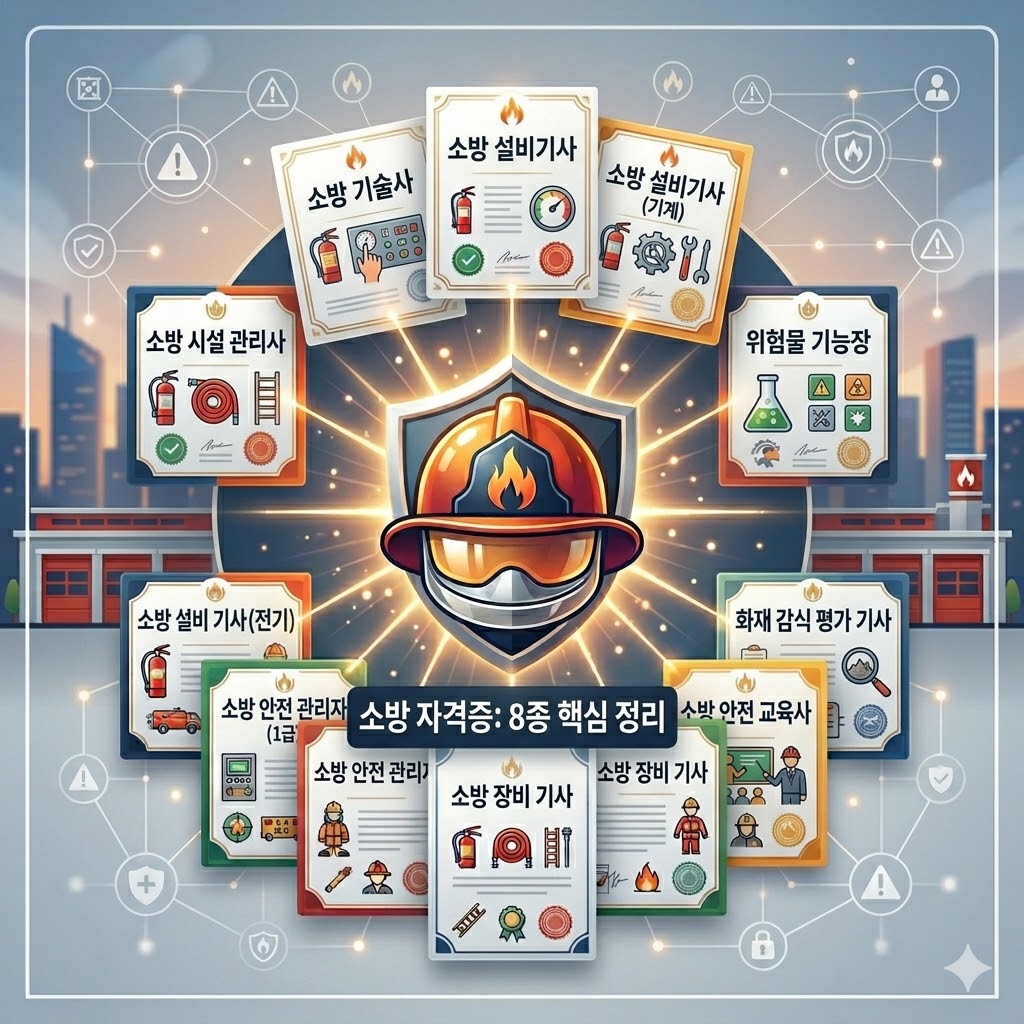 소방 관련 주요 국가 기술 자격증 8종(소방기술사, 소방시설관리사, 소방설비기사, 화재감식평가기사, 위험물기능장, 산업안전기사, 소방안전관리자, 소방안전교육사)을 한눈에 볼 수 있는 요약 이미지