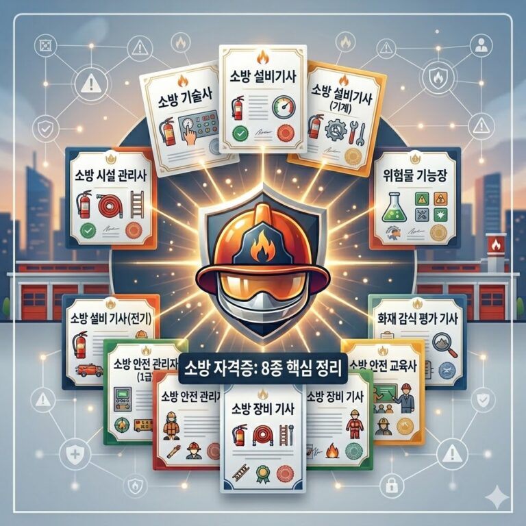 소방 관련 주요 국가 기술 자격증 8종(소방기술사, 소방시설관리사, 소방설비기사, 화재감식평가기사, 위험물기능장, 산업안전기사, 소방안전관리자, 소방안전교육사)을 한눈에 볼 수 있는 요약 이미지